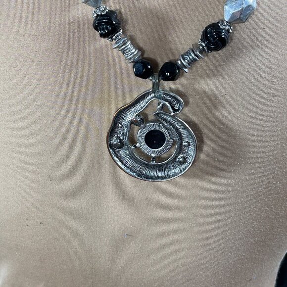 CJ Chunky Silver Tone Necklace Black Beaded Statement Long - Picture 5 of 6
